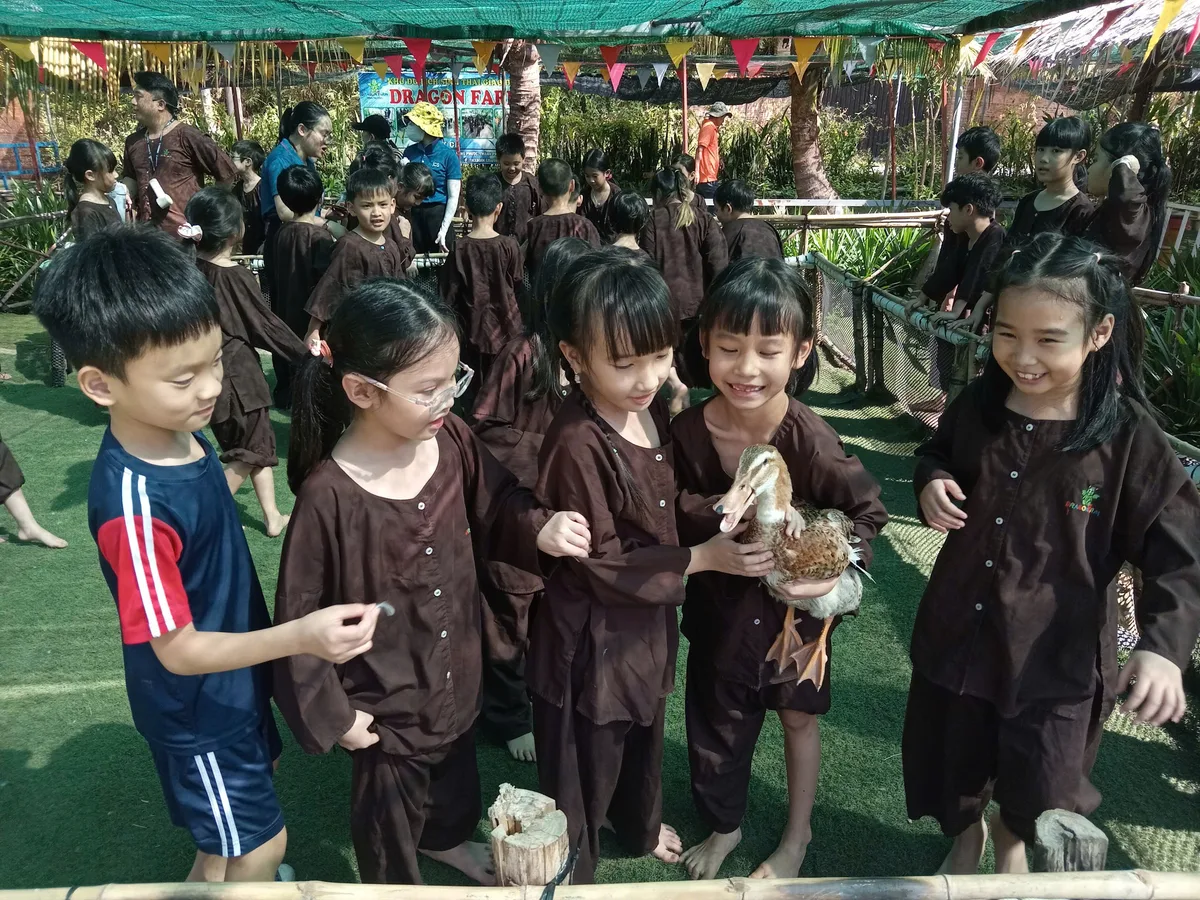 Các bé gái tiểu học ôm vịt cười rạng rỡ sau trò chơi đuổi bắt vịt