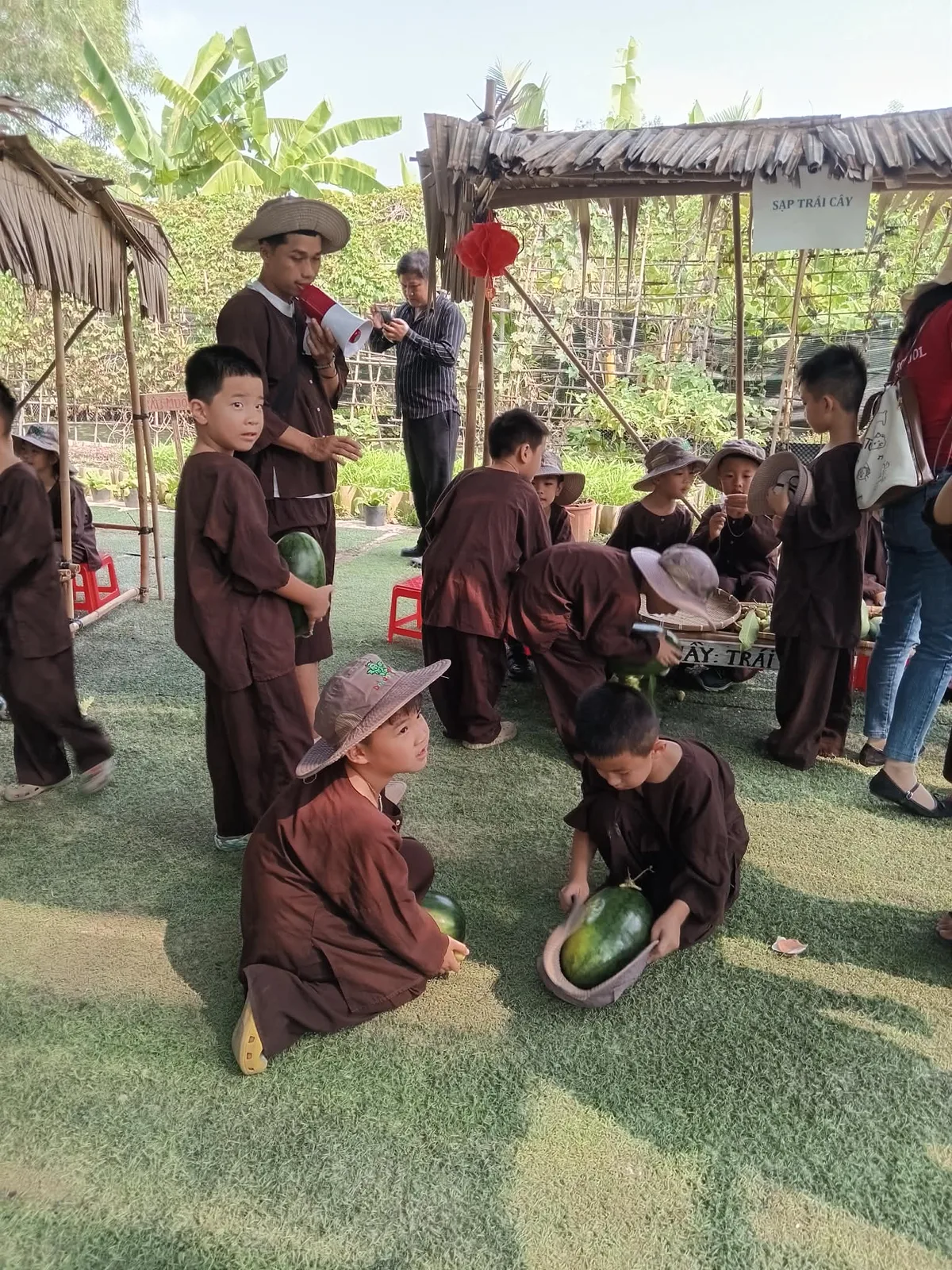 Hai bé đội mũ tai bèo chơi với dưa hấu trong phiên chợ quê Dragon Farm
