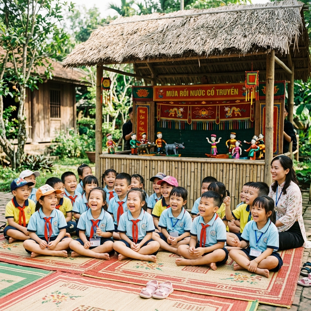 Các bé mầm non hào hứng xem múa rối cạn ngoài trời